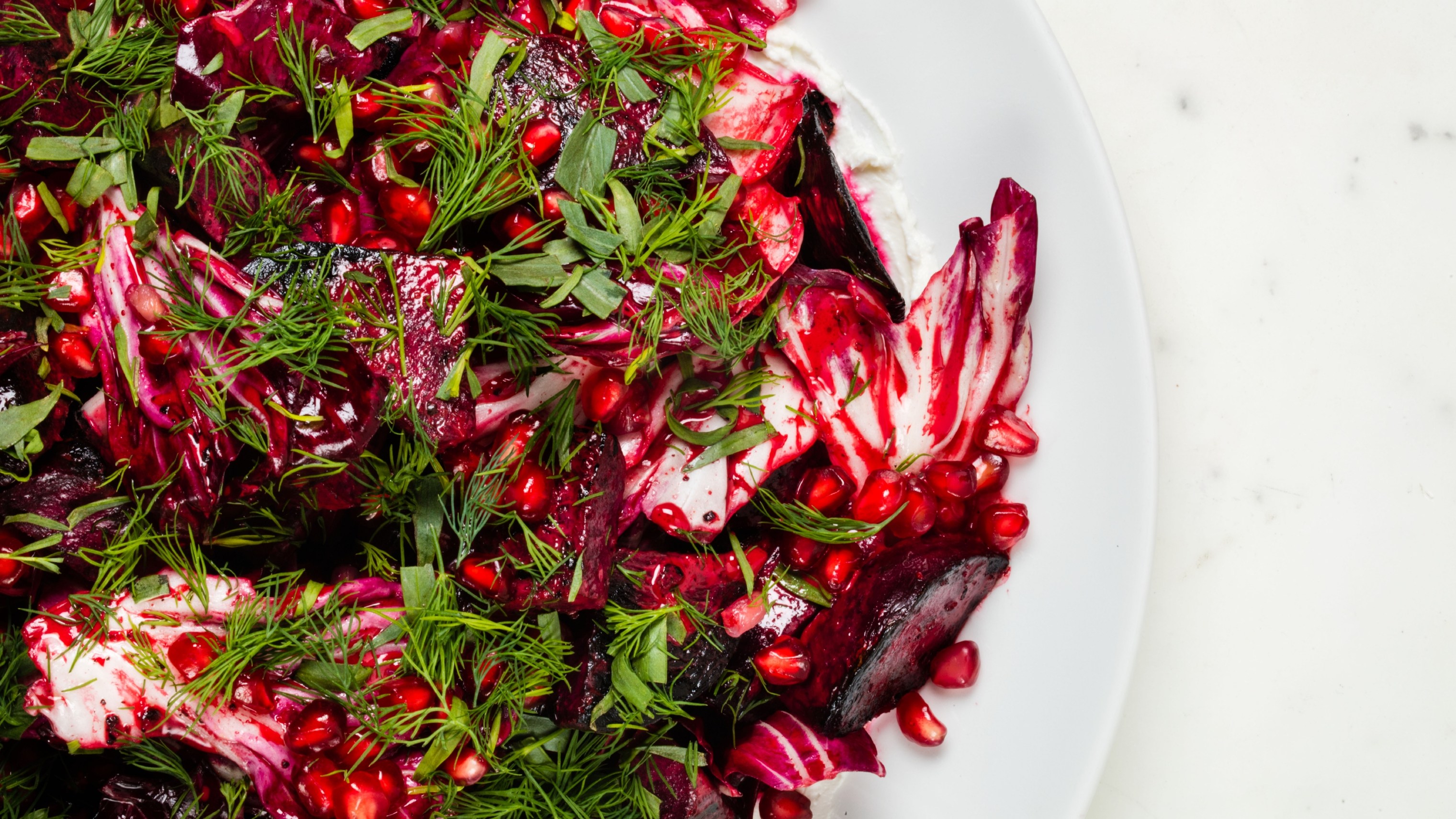 Beet Salad with Radiccio, Pomegranate Seeds, Tarragon, and Dill